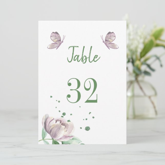 Convites flores roxas borboletas verdes número da mesa (Em pé/Frente)