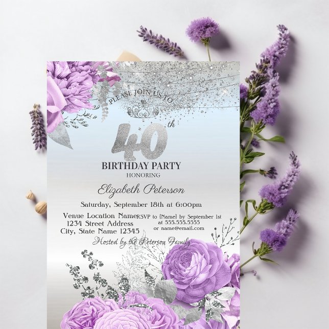 Convites Flores Roxas Brilham Prata Aniversário de 40 anos  (Criador carregado)