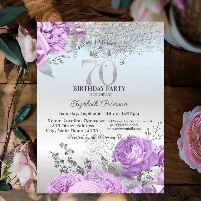 Convites Flores Roxas Brilho Prata Aniversário de 70 anos   (Criador carregado)