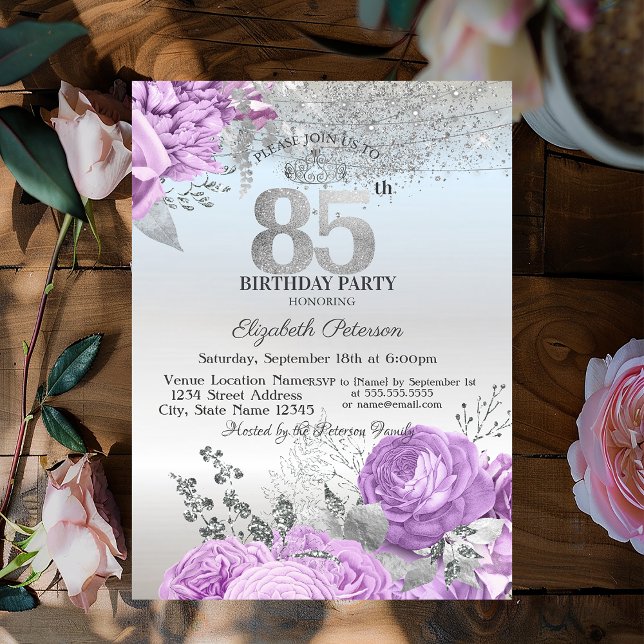 Convites Flores Roxas Brilho Prata Aniversário de 85 anos   (Criador carregado)