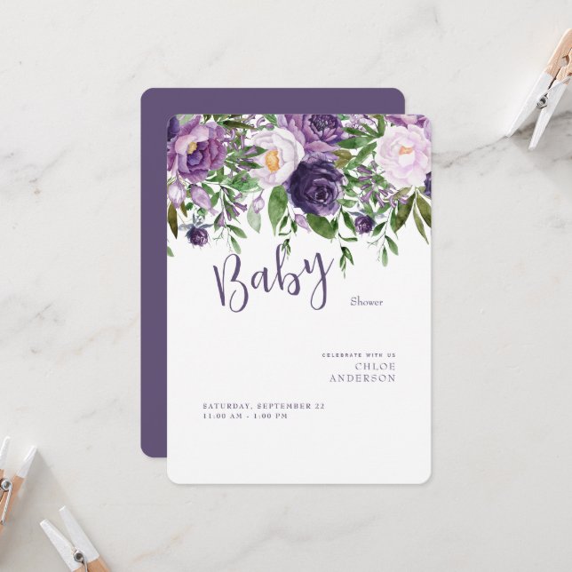 Convites Flores Roxas Chá Menina Arredondada (Frente/Verso In Situ)