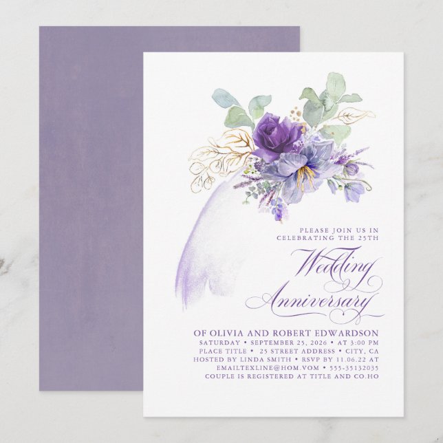 Convites Flores Roxas de Lavanda para Aniversário de Casame (Frente/Verso)