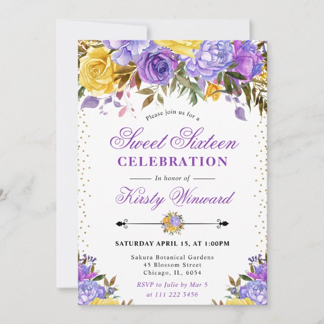 Convites Flores Roxas e Amarelas em Aquarela Sweet 16 (Frente)