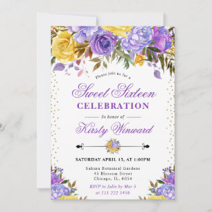 Convites Flores Roxas e Amarelas em Aquarela Sweet 16