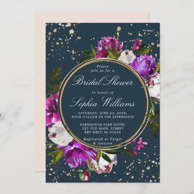 Convites Flores roxas e Chá de panela azul Marinho (Frente/Verso)