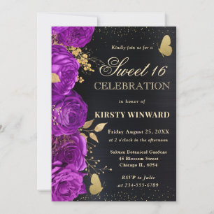 Convites Flores Roxas e Douradas Elegantes para Sweet Sixte