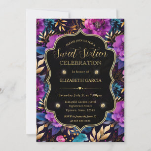Convites Flores Roxas e Douradas em Aquarela Sweet 16