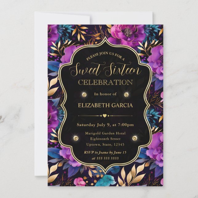 Convites Flores Roxas e Douradas em Aquarela Sweet 16 (Frente)