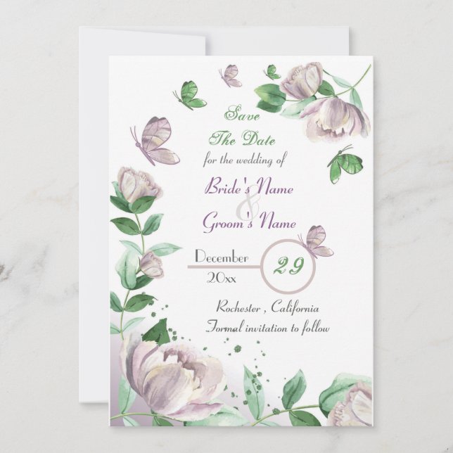 Convites flores roxas e folhas borboletas salvam a data (Frente)