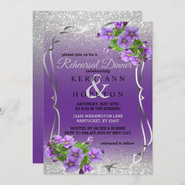 Convites Flores Roxas e Largas Prateadas - Janto de ensaio (Frente/Verso)