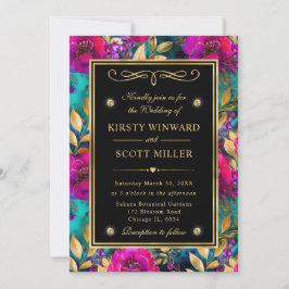 Convites Flores Roxas e Turquesa em Aquarela Casamento