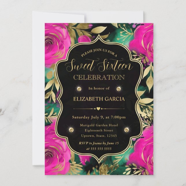 Convites Flores Roxas e Turquesa em Aquarela Sweet 16 (Frente)