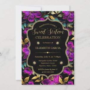 Convites Flores Roxas e Turquesa em Aquarela Sweet 16