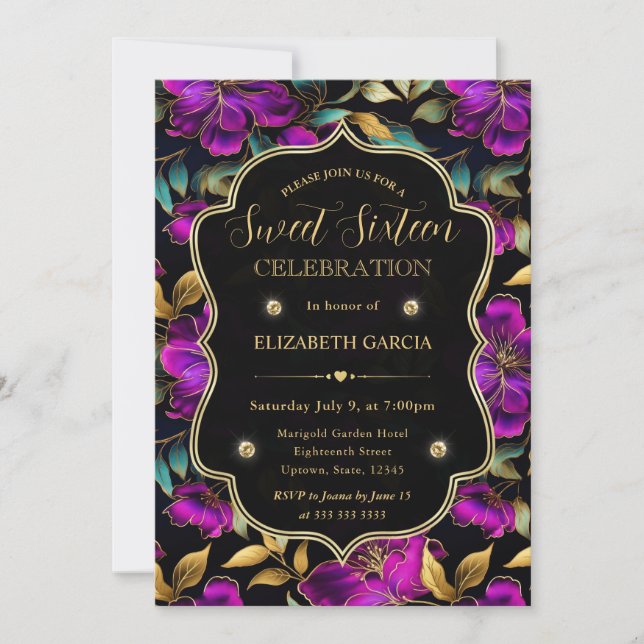 Convites Flores Roxas e Turquesa em Aquarela Sweet 16 (Frente)