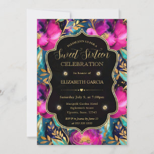 Convites Flores Roxas e Turquesa em Aquarela Sweet 16