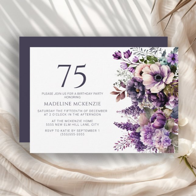 Convites Flores Roxas Elegantes Aniversário de 75 Anos Adul (Elegant purple and pink floral 75th birthday party invitation)