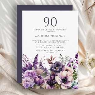 Convites Flores Roxas Elegantes Aniversário de 90 Anos Adul