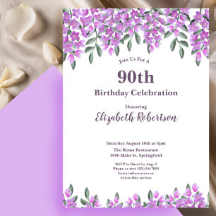 Convites Flores Roxas Elegantes Aniversário de 90 anos para