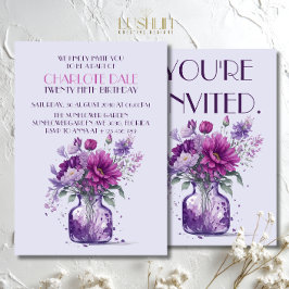 Convites Flores roxas em vaso Aquarela floral Aniversário
