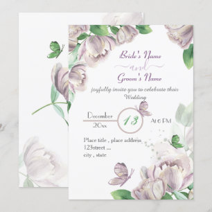 Convites flores roxas folhas verdes borboletas casamento em