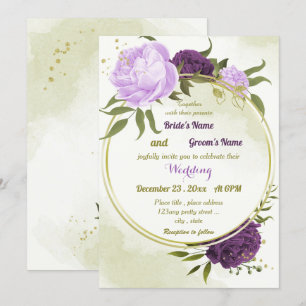Convites flores roxas folhas verdes casamento