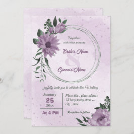 Convites flores roxas folhas verdes casamento botânico
