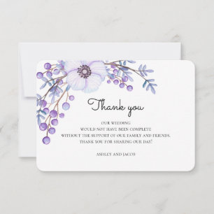 Convites Flores roxas obrigado. Nota de casamento botânica