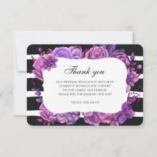 Convites Flores roxas obrigado. Nota floral de casamento