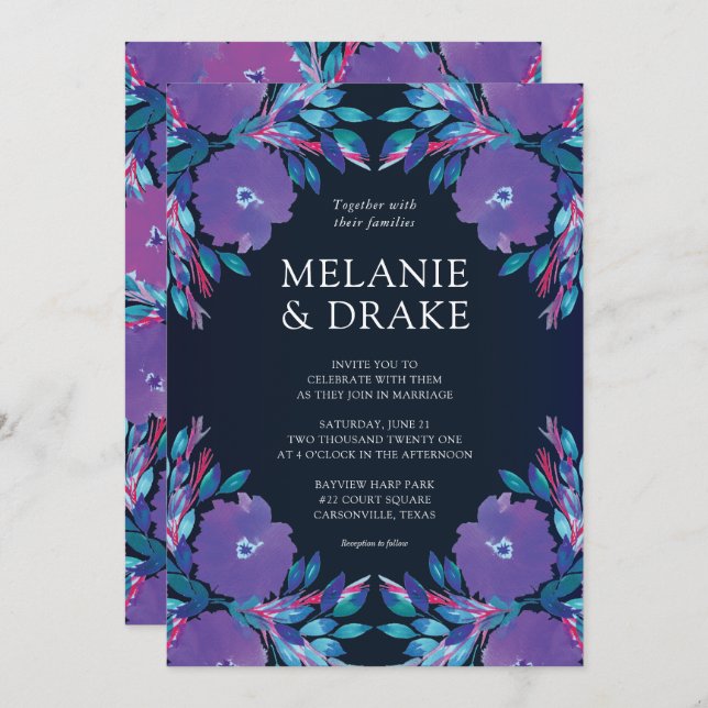 Convites Flores Roxas, Pintadas Convocação De Casamento (Frente/Verso)
