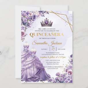 Convites Flores roxas Princesa Gêmea Vestida Quinceañera