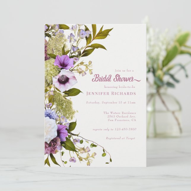 Convites Flores Roxas Rosa | Banheira Bloqueada (Em pé/Frente)