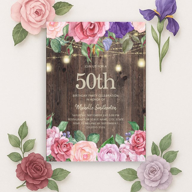 Convites Flores roxas roxas, Rustic, 50th (Pink and purple watercolor floral and string lights on rustic wood 50th birthday party invitation)