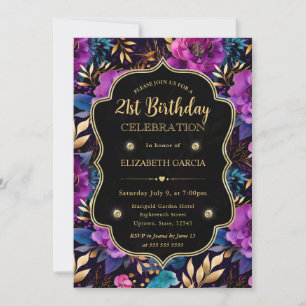 Convites Flores Roxo e Dourado em Aquarela para 21º Anivers
