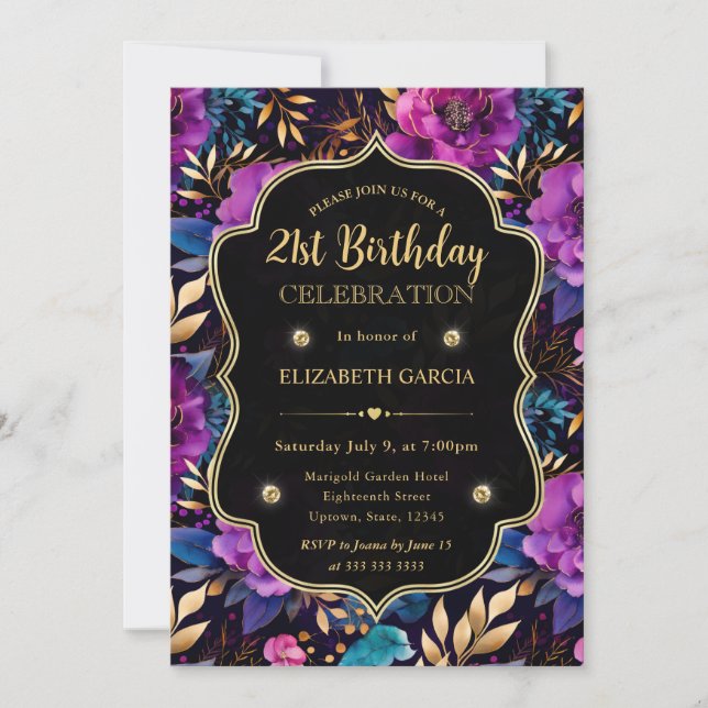 Convites Flores Roxo e Dourado em Aquarela para 21º Anivers (Frente)