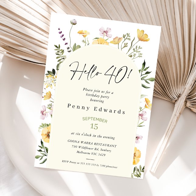 Convites Flores Russas Amarelas Olá 40 aniversário de 40 an (40th Birthday Invitation, Hello Forty Boho Birthday Invite, Editable Template, Modern Wildflowers)