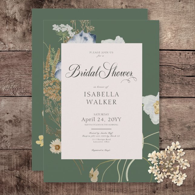 Convites Flores Russas no Chá de panela Verde Sage (Rustic Wildflowers on Sage Green Bridal Shower Invitation)