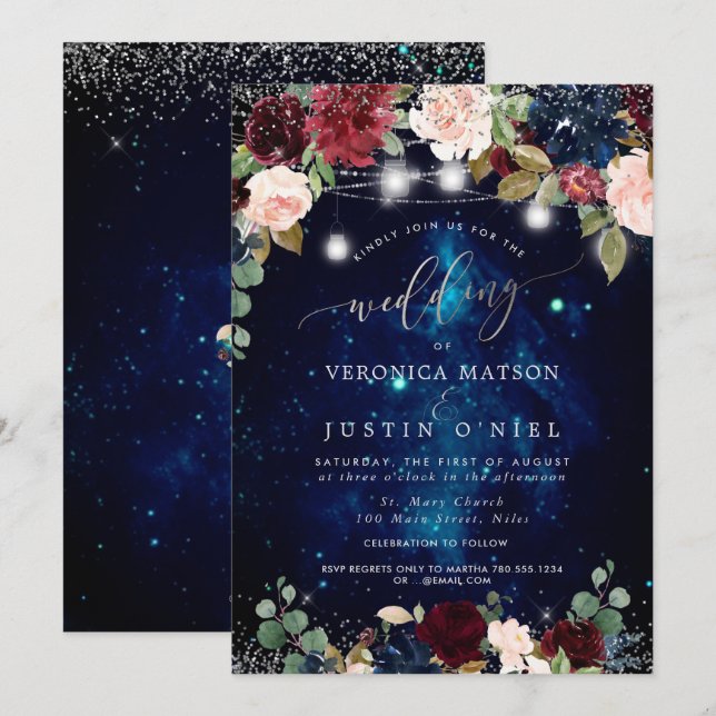 Convites Flores Rustic Mason Jars Midnight Sky Burgundy (Frente/Verso)