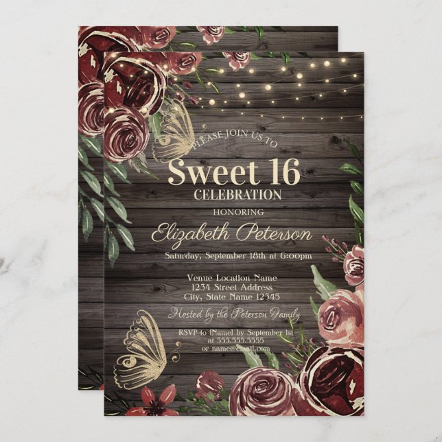 Convites Flores Rústicas Blitter Bitterflies Madeira Sweet  (Frente/Verso)