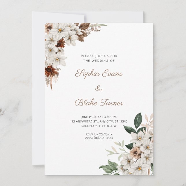Convites Flores Rústicas Brancas Boho Casamento Branco (Frente)