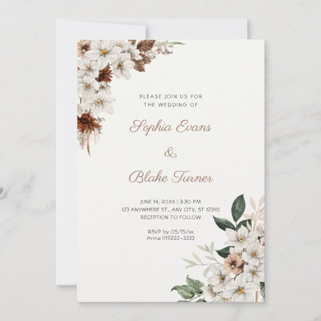 Convites Flores Rústicas Brancas Boho Casamento Branco (Frente)