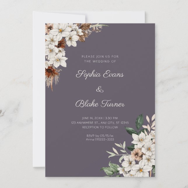 Convites Flores Rústicas Brancas Esfumadas Casamento Boho (Frente)