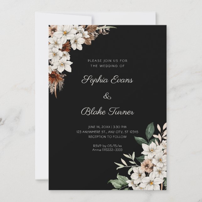 Convites Flores Rústicas Brancas Esmaecidas Casamento Boho  (Frente)