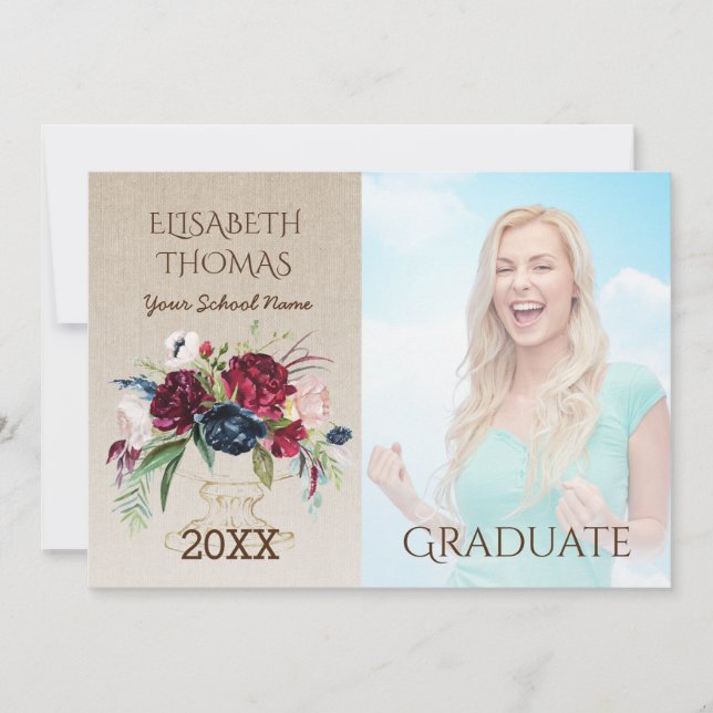 Convites Flores Rústicas Burgundy Formas Burlap Foto Gradua (Frente)