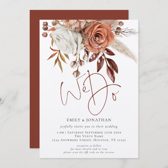 Convites Flores Rústicas de Terracota Fazemos QR Code Casam (Frente/Verso)