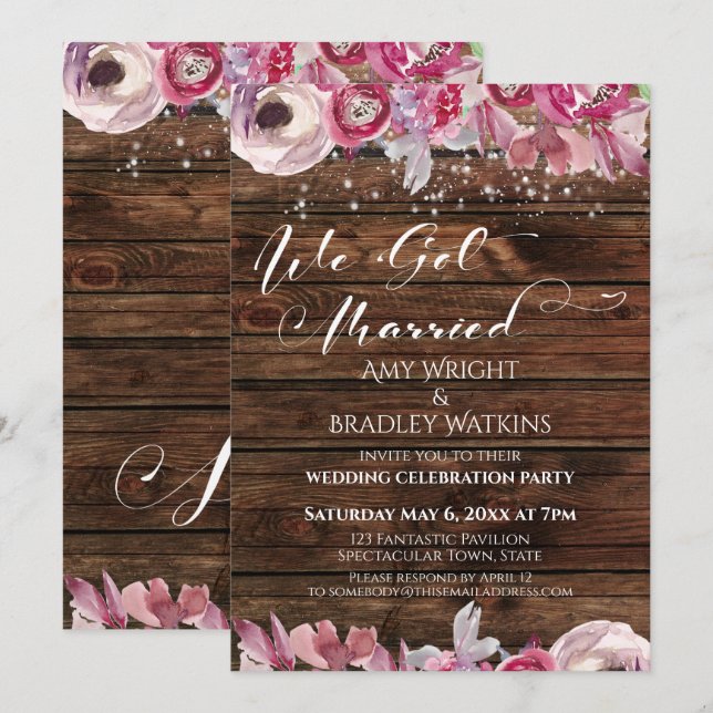 Convites Flores Rústicas em Aquarela & Luzes Nós nos Casamo (Frente/Verso)