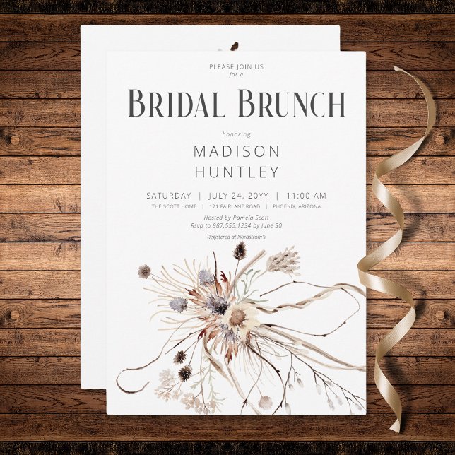 Convites Flores Rústicas, Nervosas Negras, Bridal Brunch (Rustic Boho Neutral Dried Flowers Bridal Brunch Invitation)