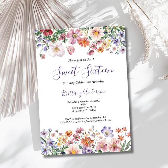Convites Flores Selvagens Aquarela Doce Dezesseis 16 Aniver (Wildflowers watercolor florals sweet sixteen 16th birthday invitation. Printed or Digital)