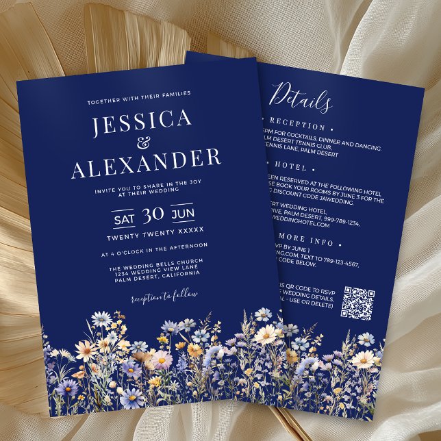 Convites Flores Selvagens Azuis Dusty Tudo Em Um Casamento  (Dusty Blue Wildflower All In One QR Code Navy Wedding Invitation with Reception, Hotel, RSVP on Back)