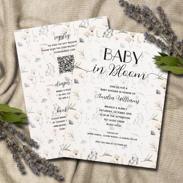 Convites Flores Selvagens Bebê em Bloomia Chá de Marfim Tud (Wildflower baby in bloom ivory all in one baby shower invitations, PRINTED and/or DOWNLOAD)