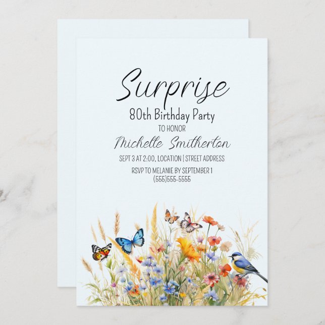 Convites Flores selvagens Borboletas Aves Surpresa 80 (Frente/Verso)